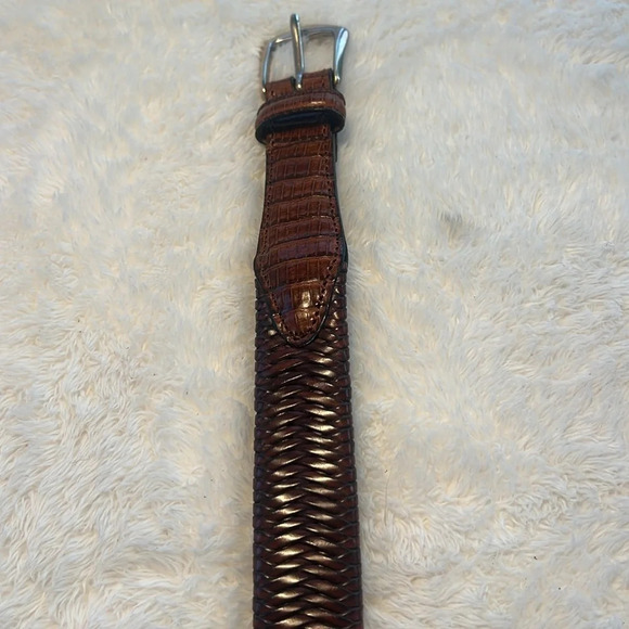 Vintage Brown Belt Sz 34 Fishtail Braided Fullgrain Leather Reptile Brass Buckle - Picture 7 of 16